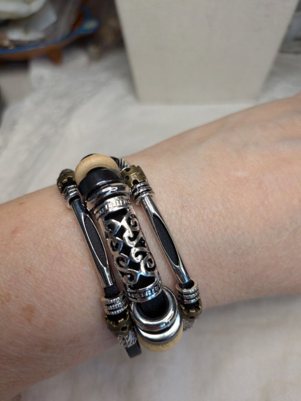 Layered Black Cord Bracelet with Mixed Metal & Wood Beads — Magnetic Clasp